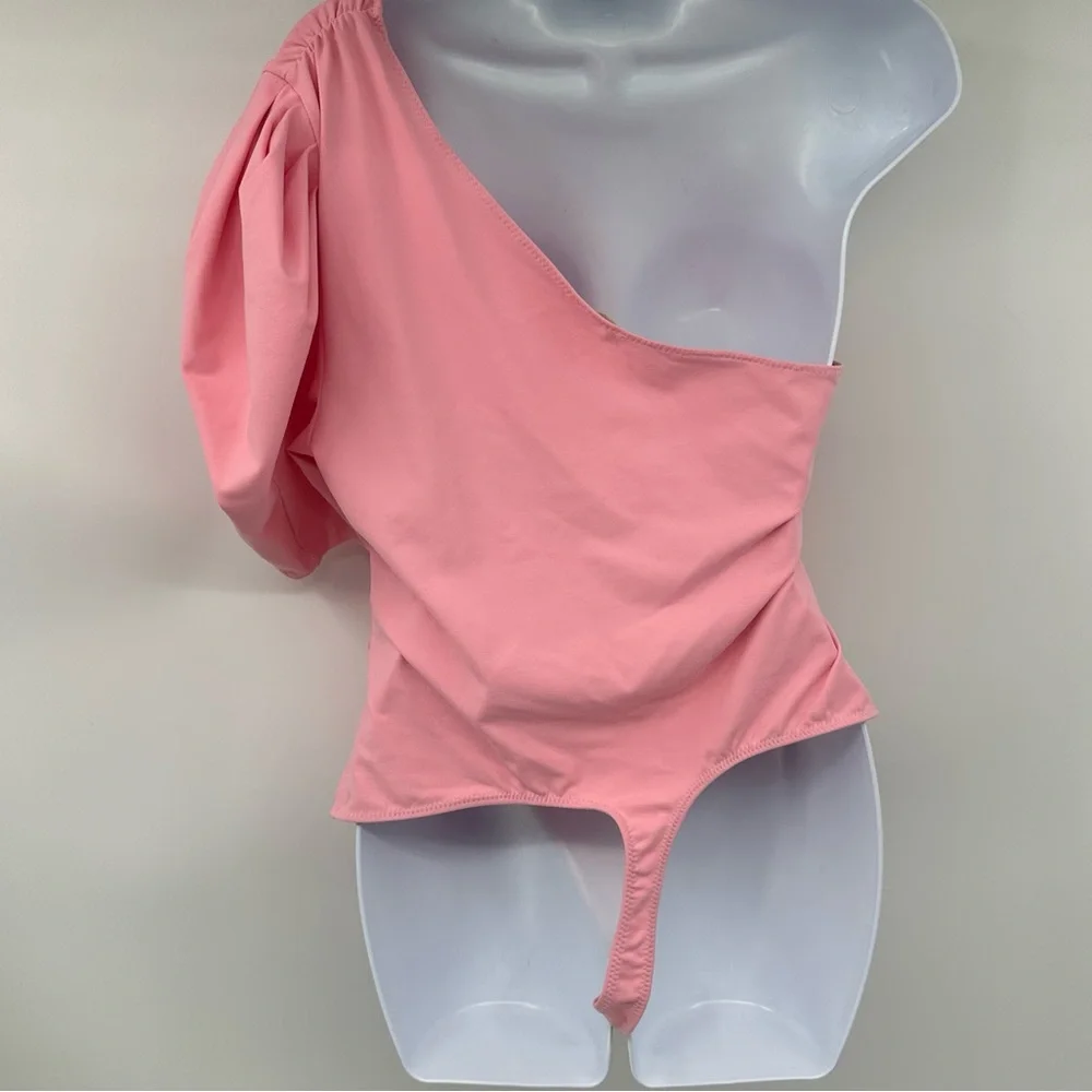 Free People Somethin Bout You Womens One Shoulder Ruched Bodysuit Pink Large NWT